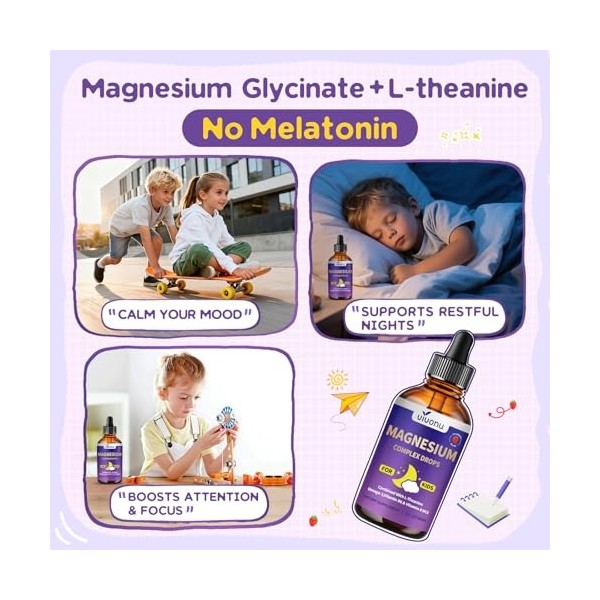 VivoNu Magnésium Gouttes Enfants – Magnésium Bisglycinate + Vitamines D3 K2 B12 B6, Oméga 3 et Calcium – 60 ml – Fraise
