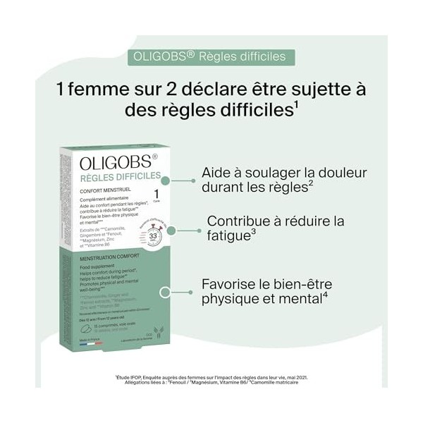 Oligobs Règles Difficiles Confort Menstruel 1 Cycles | Camomille, Fenouil, Gingembre, Magnésium & Vitamine B6 | Ressenti dès ...