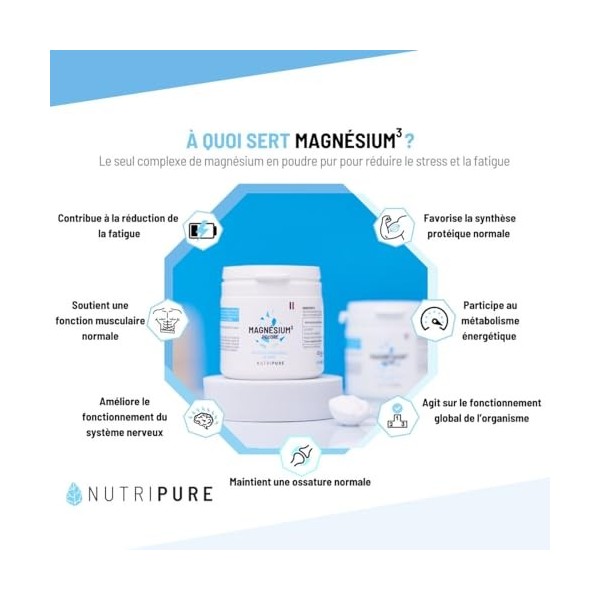 Nutripure | Magnésium³ Poudre | 3 types de Magnésium: Bisglycinate, Citrate, Glycérophosphate | Stress & Fatigue | Fortement 