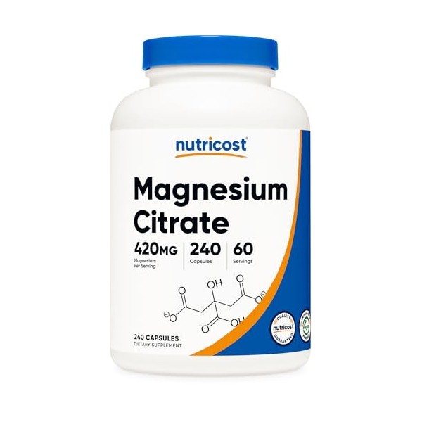 Nutricost Citrate de Magnésium 420mg, 240 Capsules Végétales - 60 Portions, Sans Gluten, Non-OGM, Convient aux Végétariens Ma...