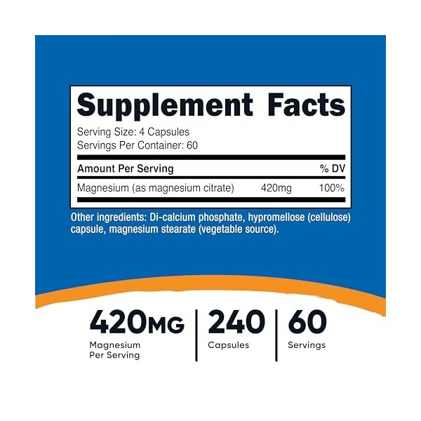 Nutricost Citrate de Magnésium 420mg, 240 Capsules Végétales - 60 Portions, Sans Gluten, Non-OGM, Convient aux Végétariens Ma...