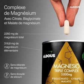 Magnésium Complex Triple - 2250 mg de magnésium - Bisglycinate, citrate et malate de magnésium - 200 gélules - 316,8mg élémen