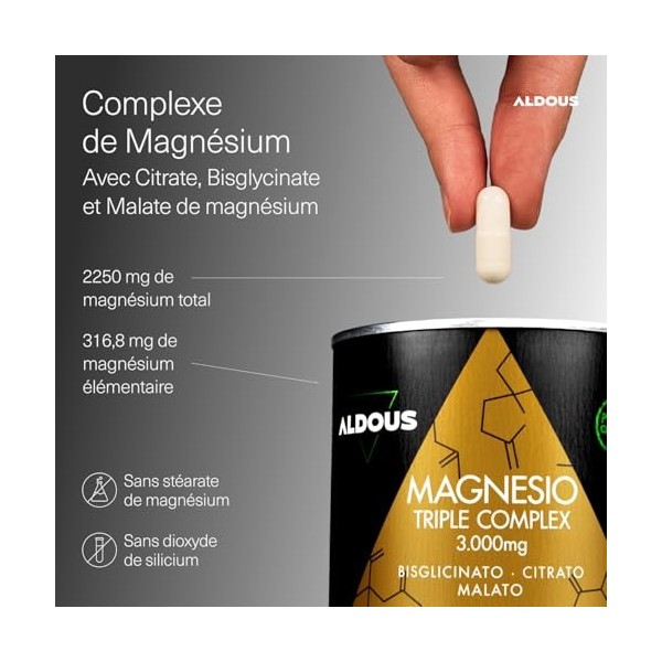 Magnésium Complex Triple - 2250 mg de magnésium - Bisglycinate, citrate et malate de magnésium - 200 gélules - 316,8mg élémen
