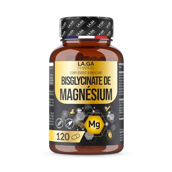 MAGNESIUM BISGLYCINATE avec Vitamines B6, B5 et B1. Combat Efficacement la Fatigue et le Stress. Magnesium Fort Dosage 120 Gé