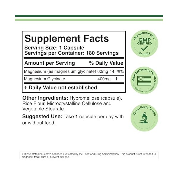 Magnesium Glycinate 400mg, 180 Capsules Vegan Safe, Manufactured and Third Party Tested in The USA, Gluten Free, Non-GMO Hi