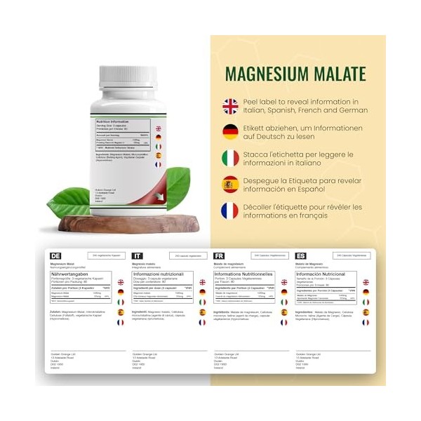 DW Magnesium Malate Capsules | 240 Supplements Malate de Magnésium Haute Teneur - 1 500 mg de Malate par Portion | Sans OGM S