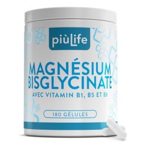 Magnésium Bisglycinate 1500 mg PiùLife – 180 Gélules – 300 mg par Dose Avec Vitamines B6, B1, B5 – Absorption Optimale Comme 