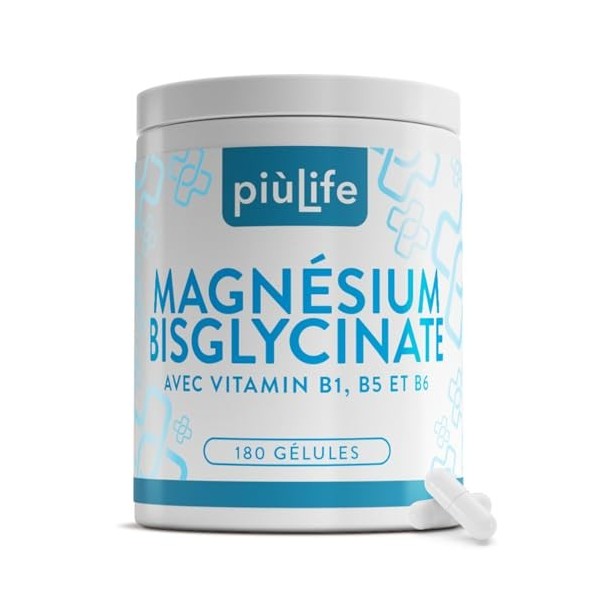 Magnésium Bisglycinate 1500 mg PiùLife – 180 Gélules – 300 mg par Dose Avec Vitamines B6, B1, B5 – Absorption Optimale Comme 