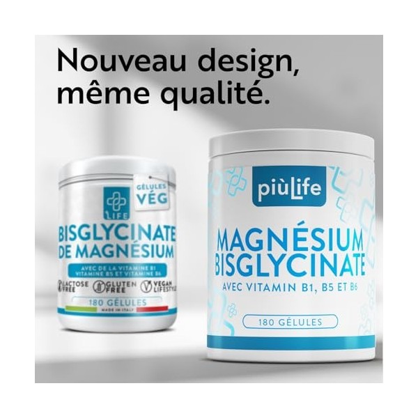Magnésium Bisglycinate 1500 mg PiùLife – 180 Gélules – 300 mg par Dose Avec Vitamines B6, B1, B5 – Absorption Optimale Comme 
