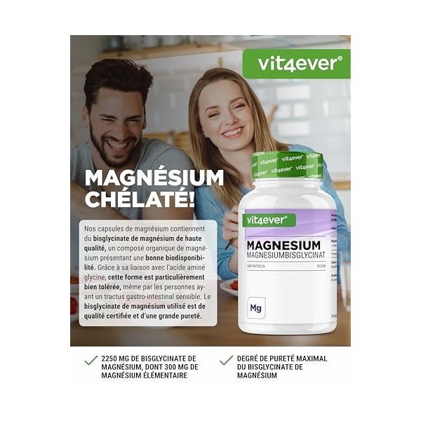 Bisglycinate de Magnésium - 240 Gélules - 300 mg de Magnésium Elémentaire par Dose journalière - Premium : Magnésium Chélaté 