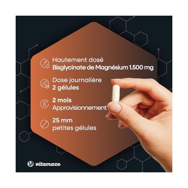 Magnésium Bisglycinate gélules hautement dosé & végétalien, 1500 mg en seulement 2 gélules dont 300 mg de magnésium élémentai