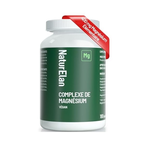 Magnesium Complex 400mg - 180 Gélules Premium 12 mois , 5 en 1, 807 mg par capsule dont 400 mg de magnésium élémentaire, Veg