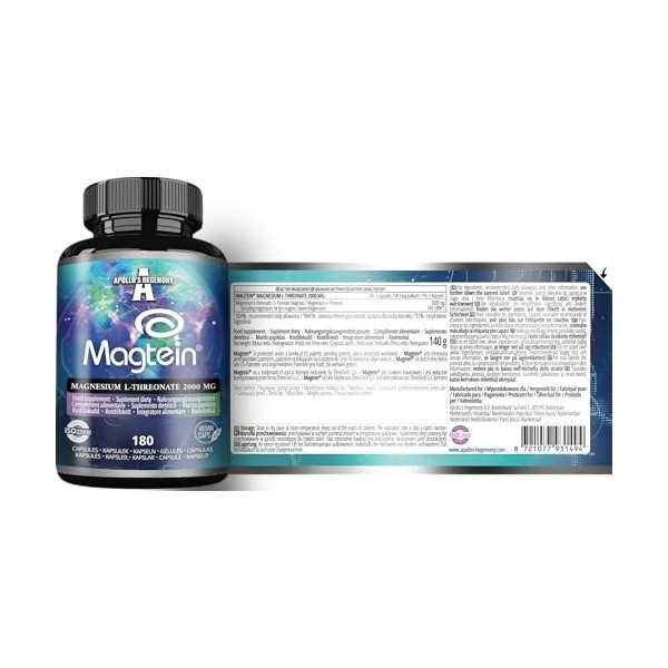 Magtein® Magnesium L-Threonate 144 mg par dose journalière - 180 gélules végétaliennes - approvisionnement de 60 jours - pour...