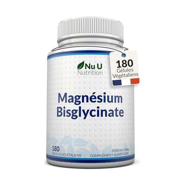 Compléments de Glycinate de Magnésium 1000mg Bisglycinate - 180 Capsules Vegan Haute Concentration - Cure de 3 Mois - Fourn