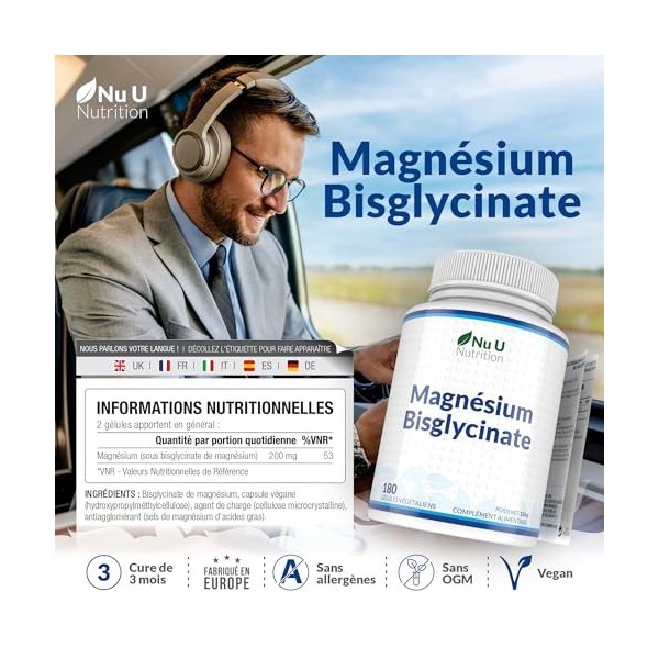 Compléments de Glycinate de Magnésium 1000mg Bisglycinate - 180 Capsules Vegan Haute Concentration - Cure de 3 Mois - Fourn