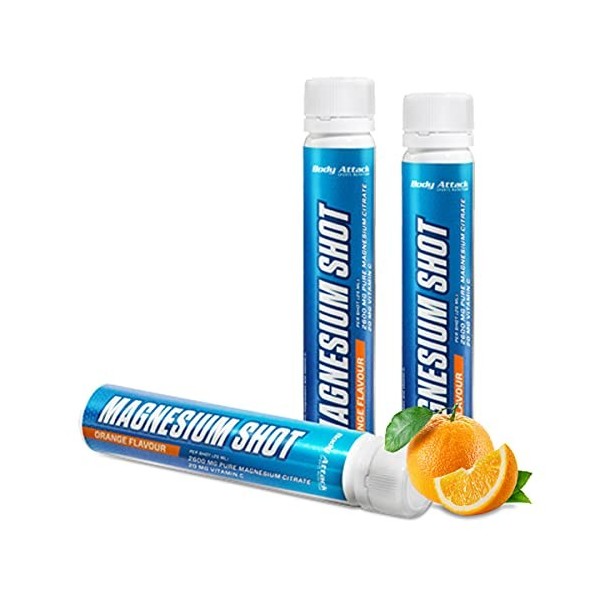 Body Attack Magnésium Shot Ampoules - Magnésium liquide 2600mg de citrate de magnésium pur prêt à consommer avec 20mg de Vi