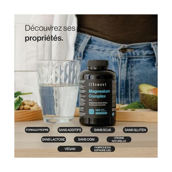 Magnésium Complex 5 en 1 - Bisglycinate, Citrate, Malate, Taurate et L-Ascorbate - Haute Biodisponibilité et Tolérance, sans 