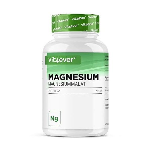 Malate de magnésium - 365 gélules - 2000 mg dont 300 mg élémentaire par portion journalière - 4 mois dapprovisionnement - Ma