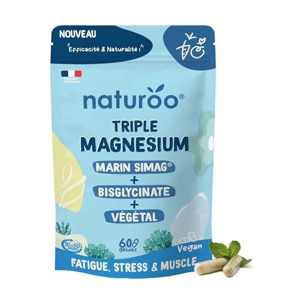 Triple Magnésium - Végétal Laitue de Mer Bio , Marin SiMAG®, Bisglycinate - 60 Gélules Vegan 1 à 2 mois - Haute Absorption