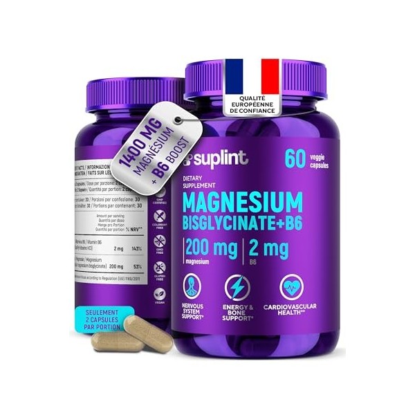 Magnésium Bisglycinate 200 mg – Avec Vitamine B6 pour une Meilleure Absorption – Haute Dose & Testé en Laboratoire – Complexe...