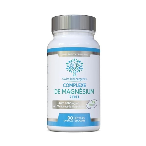 Complexe de Magnésium L-Thréonate 7-en-1 avec 1000 mg de Magtein, plus Magnésium sous forme de Bisglycinate, Taurate, Citrate