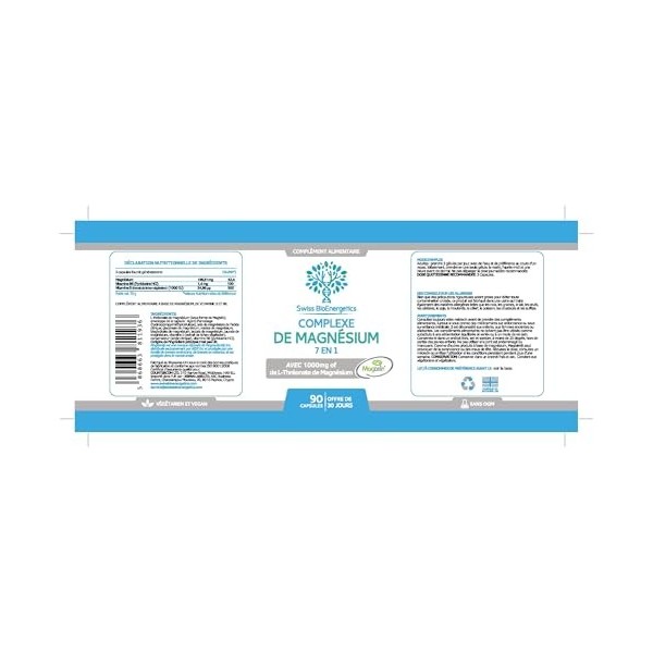Complexe de Magnésium L-Thréonate 7-en-1 avec 1000 mg de Magtein, plus Magnésium sous forme de Bisglycinate, Taurate, Citrate