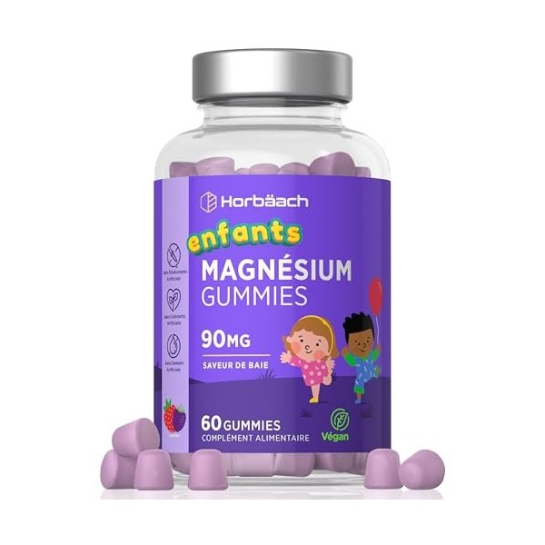 Magnésium Gummies Enfants 90mg | 60 Vegan Gommes Saveur Fraise | Cure de 2 Mois | Complément Alimentaire Avec Vitamine C | Ma