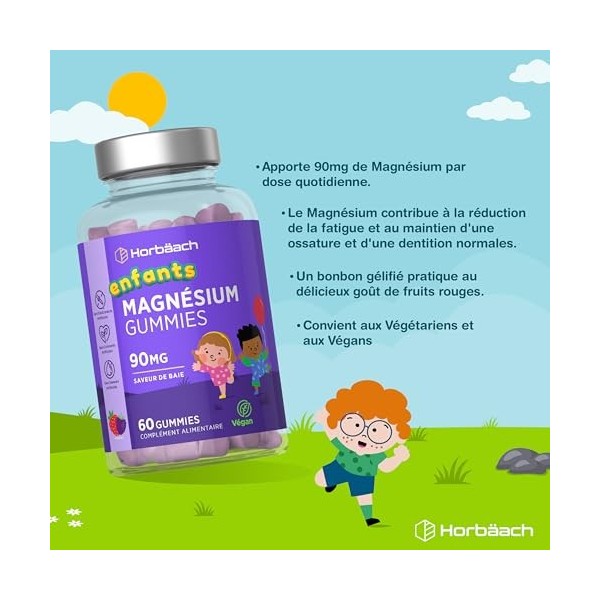 Magnésium Gummies Enfants 90mg | 60 Vegan Gommes Saveur Fraise | Cure de 2 Mois | Complément Alimentaire Avec Vitamine C | Ma