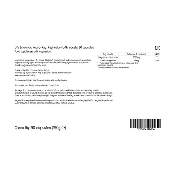 Life Extension, Neuro-Mag, 90 Capsules végétales, 144 mg de Magnésium et 2000 mg de Magnésium L-Thréonate par Dose, Sans Glut