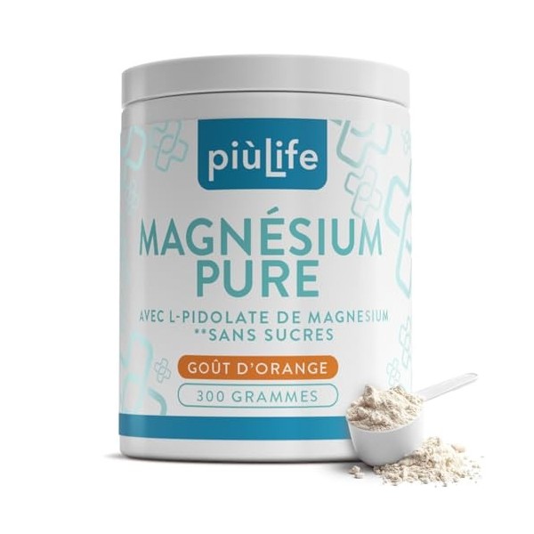 Magnesium en Poudre PiùLife – 215 mg par Dose – Carbonate et Pidolate – Sans Sucre, Goût Orange – Complexe magnesium 300 g – ...
