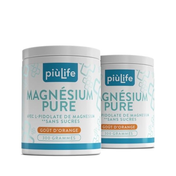 Magnesium en Poudre PiùLife – 215 mg par Dose – Carbonate et Pidolate – Sans Sucre, Goût Orange – Complexe magnesium 300 g – ...