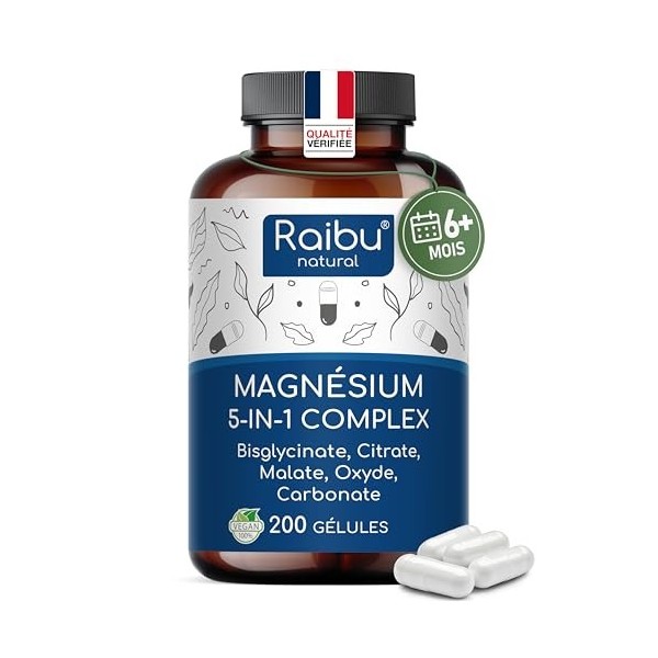 Magnesium Complex, 200 Gélules - Magnesium Bisglycinate, Citrate, Melate, Carbonate et Oxyde - Plus de 6 mois d’approvisionne