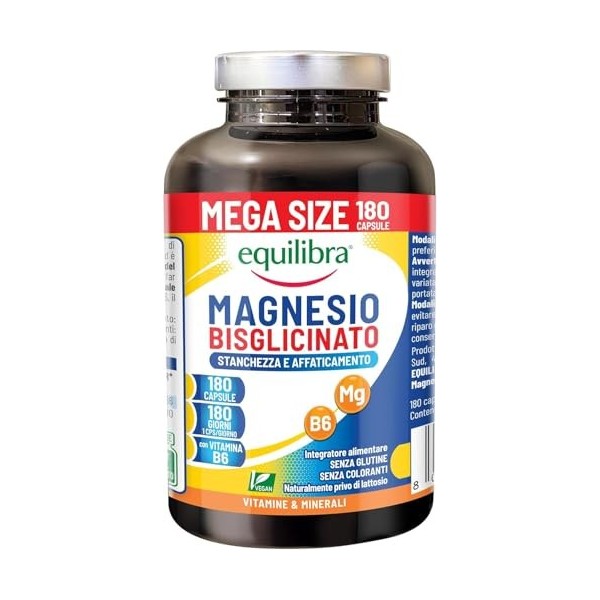 Equilibra Magnésium Bisglycinate, 180 Gélules, 250mg, Avec Vitamine B6, Format 6 Mois, Vegan, pour Réduire la Fatigue, Systèm