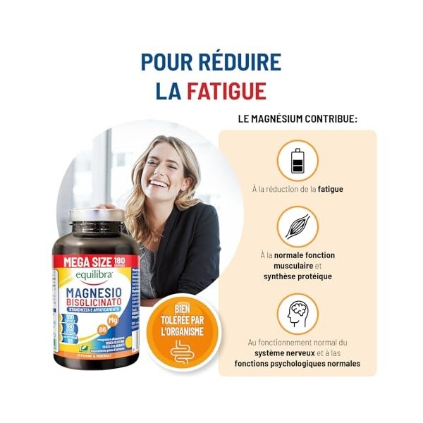 Equilibra Magnésium Bisglycinate, 180 Gélules, 250mg, Avec Vitamine B6, Format 6 Mois, Vegan, pour Réduire la Fatigue, Systèm