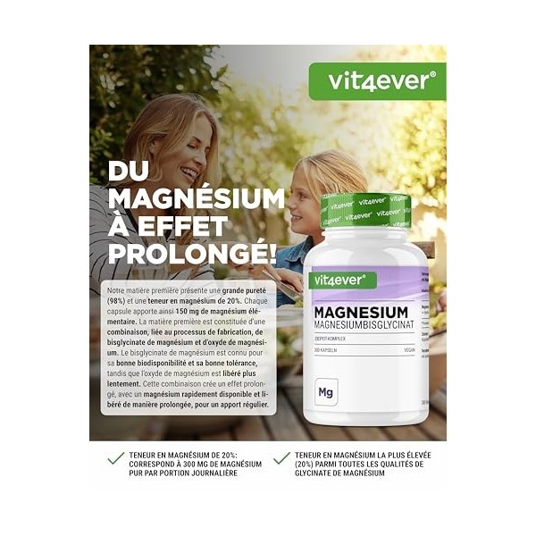 vit4ever Complexe de magnésium bisglycinate à dépot - 300 gélules - 300mg de magnésium pur par dose journalière - Magnesiumgl