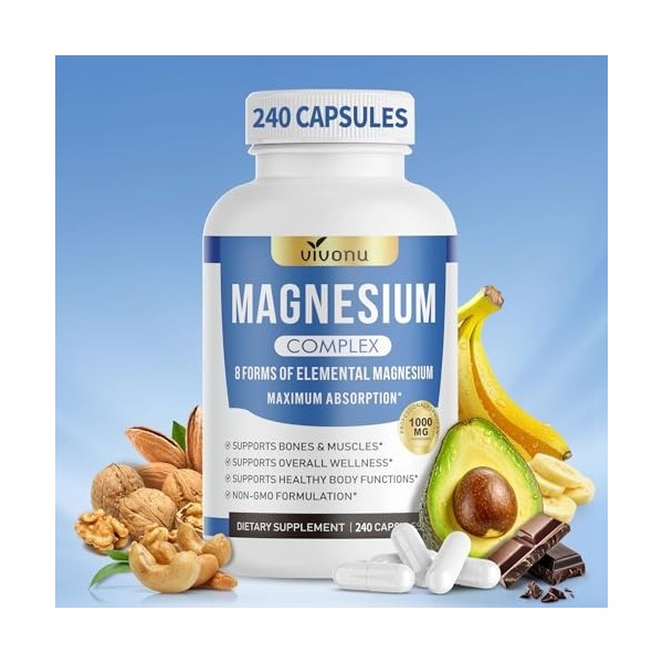 VivoNu Magnésium Bisglycinate | Magnésium Complexe 8 en 1, Haute Teneur 1000mg /j | 240 Gélules Vegan | Sommeil, Stress, Fati...