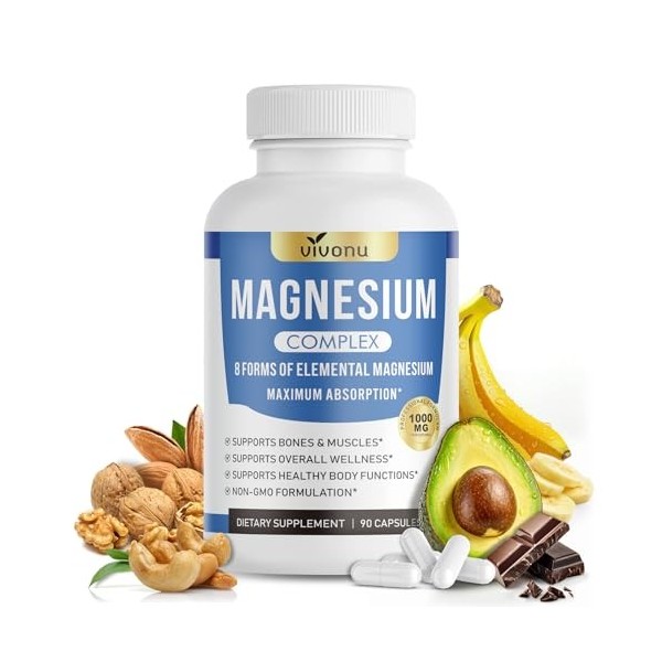 VivoNu Magnésium Bisglycinate | Magnésium Complexe 8 en 1, Haute Teneur 1000mg /j | 240 Gélules Vegan | Sommeil, Stress, Fati...