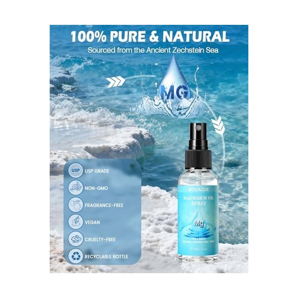BOCACUE Spray dhuile de magnésium pure - Chlorure de magnésium à usage externe - Favorise la relaxation musculaire et la rel