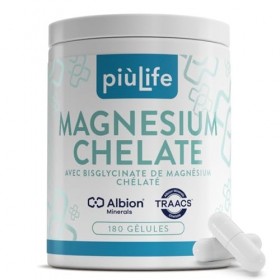 Magnesium Bisglycinate Chélaté PiùLife – 337,5 mg Magnésium Albion TRAACS avec Vitamines B6, B1 et B5 – Fonction Musculaire, 