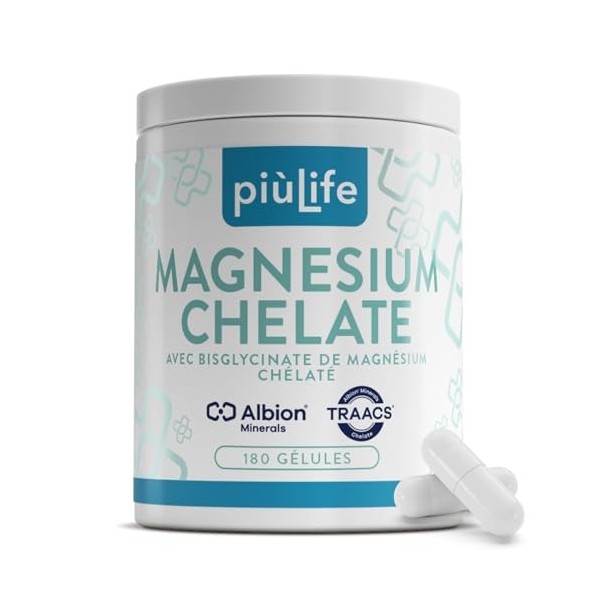 Magnesium Bisglycinate Chélaté PiùLife – 337,5 mg Magnésium Albion TRAACS avec Vitamines B6, B1 et B5 – Fonction Musculaire, 