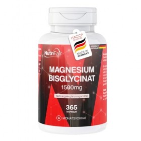 Bisglycinate de magnésium 1500mg - 365 gélules - magnésium chélaté - 300mg de magnésium par dose journalière - hautement dosé