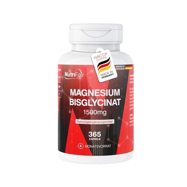Bisglycinate de magnésium 1500mg - 365 gélules - magnésium chélaté - 300mg de magnésium par dose journalière - hautement dosé