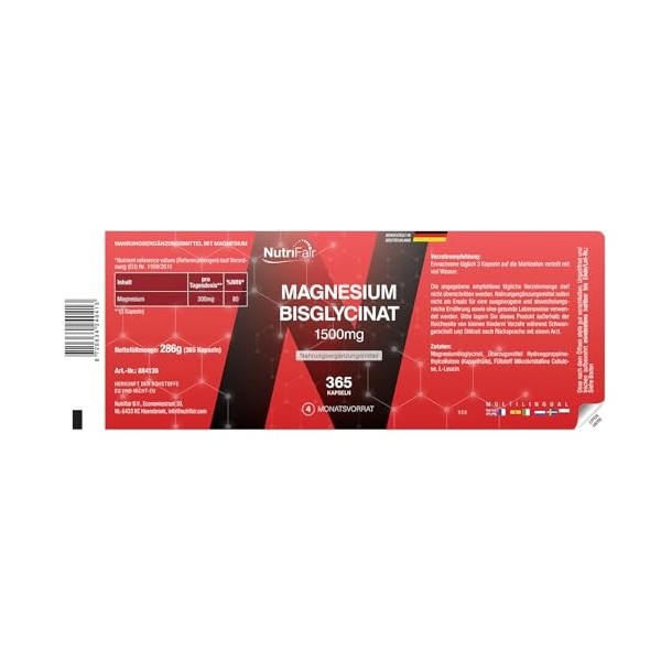 Bisglycinate de magnésium 1500mg - 365 gélules - magnésium chélaté - 300mg de magnésium par dose journalière - hautement dosé