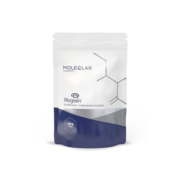 MoleQlar Magnésium L-Thréonate Magtein® poudre 120 g – Approuvé EFSA, 150 mg/portion, haute biodisponibilité, 60 jours Magnésium