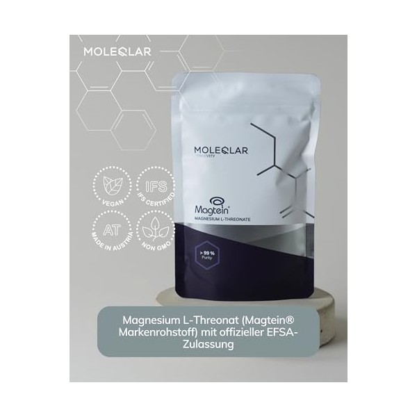 MoleQlar Magnésium L-Thréonate Magtein® poudre 120 g – Approuvé EFSA, 150 mg/portion, haute biodisponibilité, 60 jours Magnésium