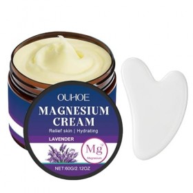 Crème au magnésium + pierre Gua Sha, crème au magnésium, apaise la peau, contient de la lavande, de lallantoïne, de lhuile 