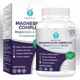 Magnésium Bisglycinate et Malate Complexe 230mg Magnésium Élémentaire – Haute Absorption avec Vitamine B6 et D3 – 120 Gélul