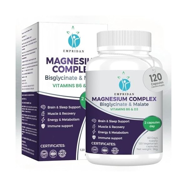 Magnésium Bisglycinate et Malate Complexe 230mg Magnésium Élémentaire – Haute Absorption avec Vitamine B6 et D3 – 120 Gélul