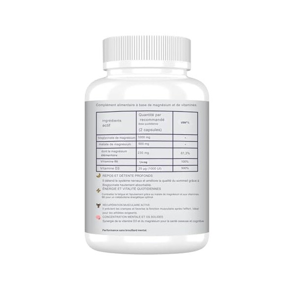 Magnésium Bisglycinate et Malate Complexe 230mg Magnésium Élémentaire – Haute Absorption avec Vitamine B6 et D3 – 120 Gélul