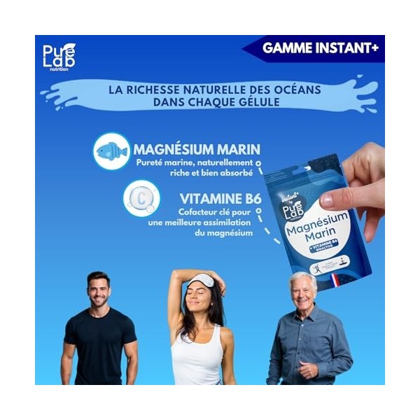 Magnésium Marin 300mg/jour + Vitamine B6 bioactive - Combat la Fatigue et le Stress - 30 Gélules végétales - Format de poch